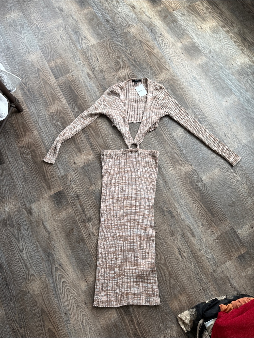 Ribbed Knit Two-Piece Midi Dress in Beige